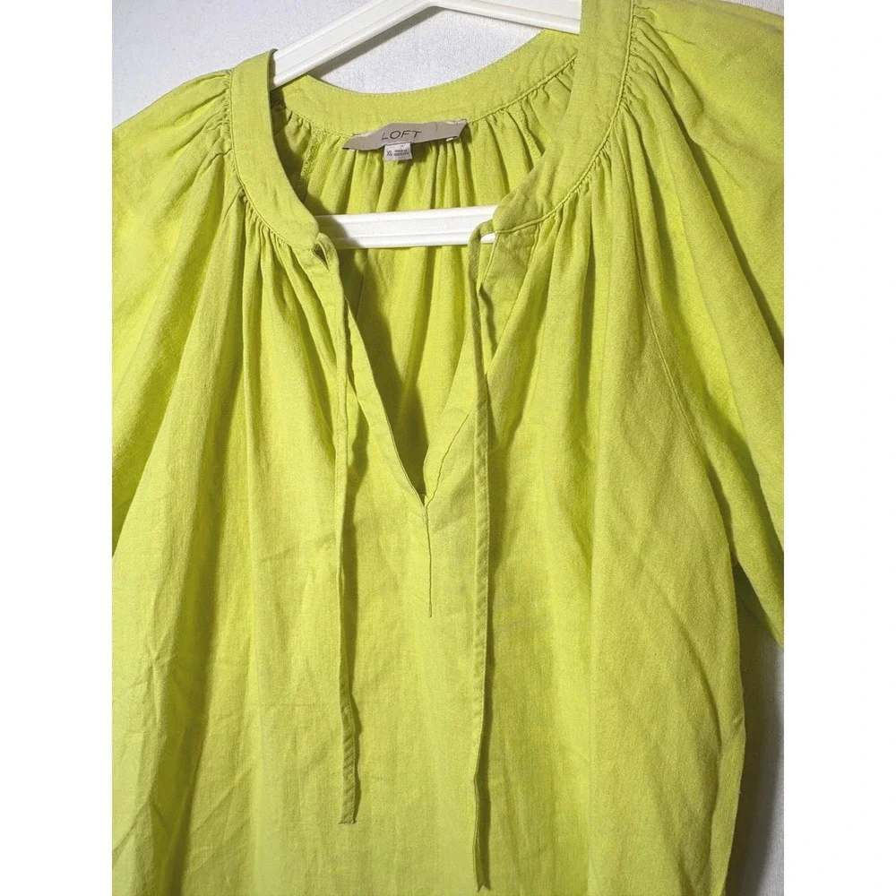 LOFT Lemon Lime Linen Blend‎ Puff Sleeve Blouse Split Neck Tie Top XS